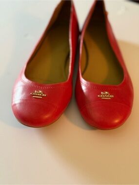 Coach Red Leather Round-Toe Ballet Flats with Gold Logo